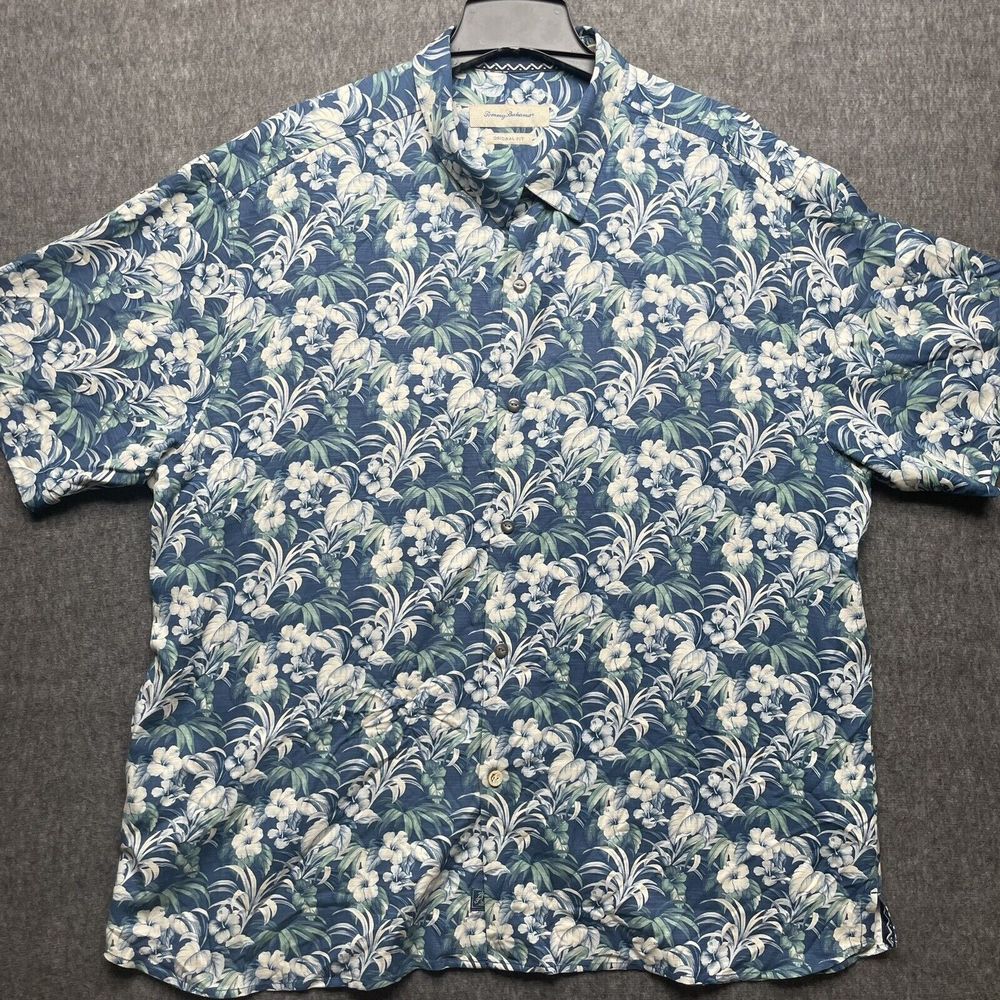 Tommy Bahama Shirt Mens XXL Floral 100% Silk Button Up Shirt Relax Blue